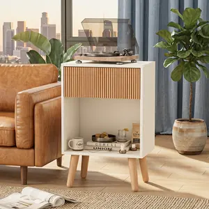 Aesthetic Fluted Nightstand  Modern Bedside Table with Wood Drawer & Open Shelf | Mid-Century Room Decor