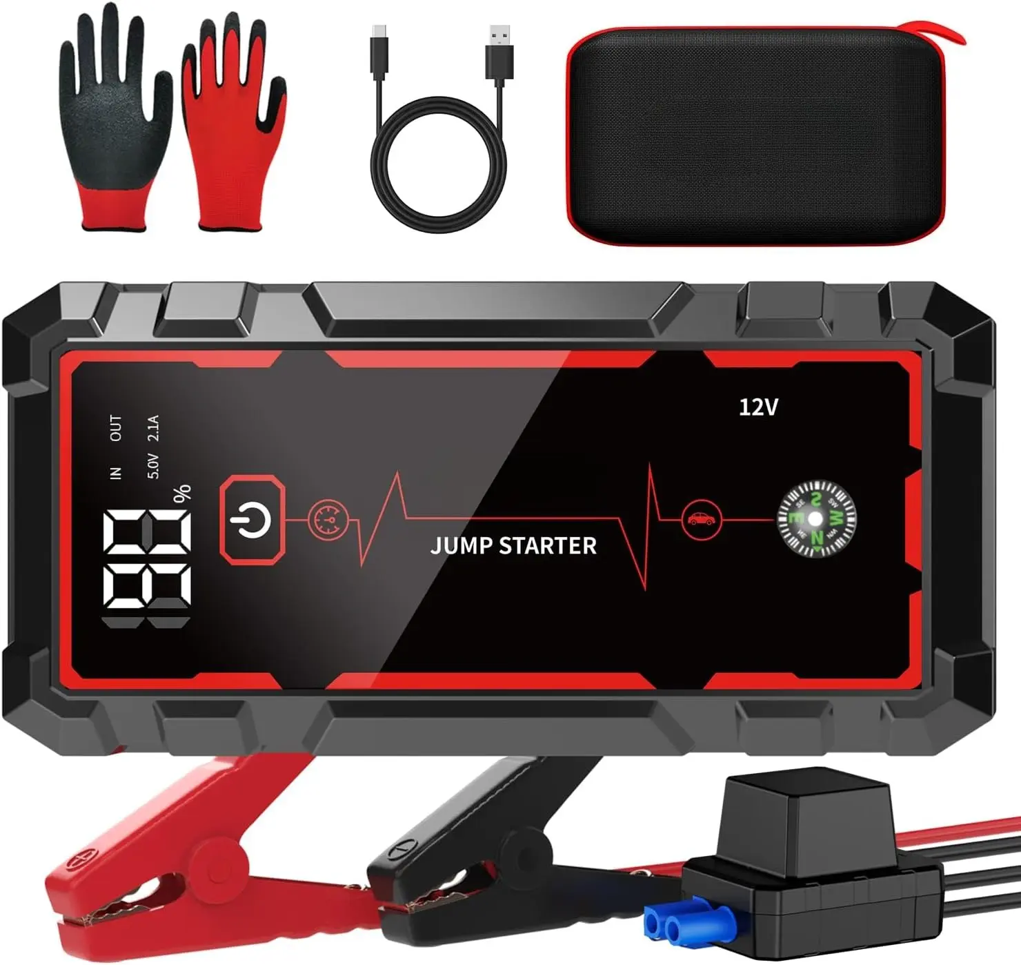 DIBMS Jump Starter, Battery Jumper Starter Portable, Car Battery Jump Starter with 3 Modes Flashlight, Compass, Power Bank and Jumper Cable