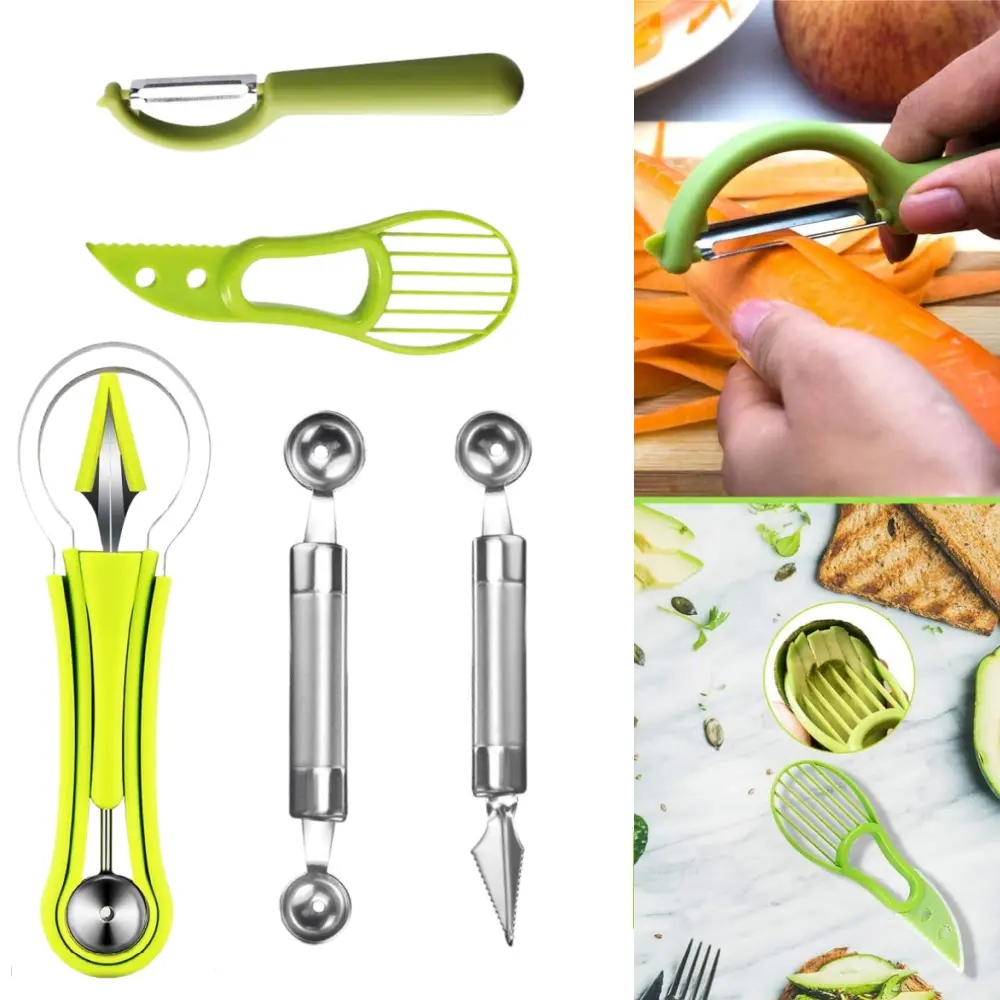 Fruit Tool Set, 5-Piece Stainless Steel Kitchen Gadgets with 4-in-1 Separable Melon Baller, Cutter, Peeler & Avocado Corer, 5 Pcs, 4 In 1 Set, Double-Sided, Five Pieces