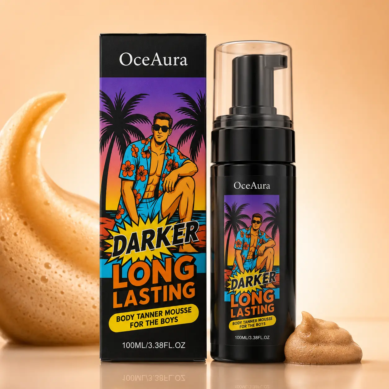 OceAura Darker Long Lasting Body Tanner Mousse for Men, Quick-Drying Self Tanner Foam, Natural-Looking Bronze Glow, Non-Greasy Body Tanning Mousse for Smooth Even Skin, 100ml