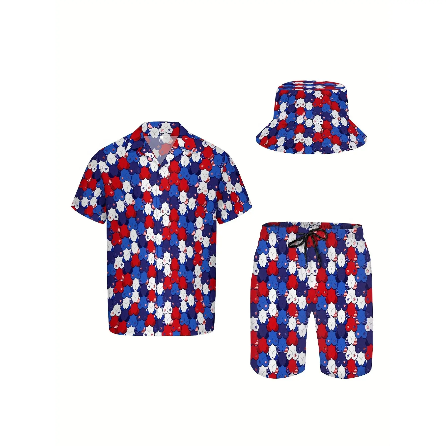 3-piece men's Hawaiian shirt and shorts set, fun American flag print, soft fabric breathable shirt, button-up short-sleeve casual beach shirt set, comes with a fisherman hat