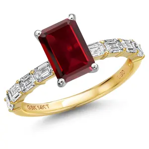 Gem Stone King 14K Two Tone Gold Gemstone Birthstone and Lab Grown Diamond Engagement Ring For Women | Emerald Cut 8X6MM and 3X2MM | Wedding Anniversary Ring | Available in Size 5,6,7,8,9
