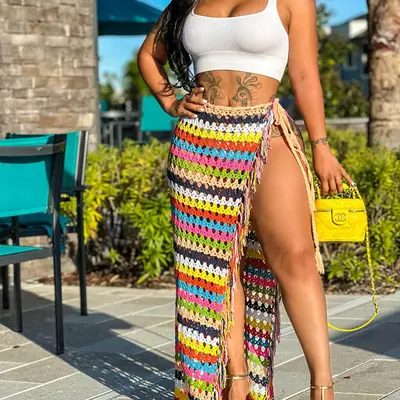 Bsubseach 2025 Crochet Coverup Skirts Women Tie Side Swimsuit Long Beach Cover Up Bikini Summer Sheer Hollow Out Sarong (Black S) At Women's Clothing Store