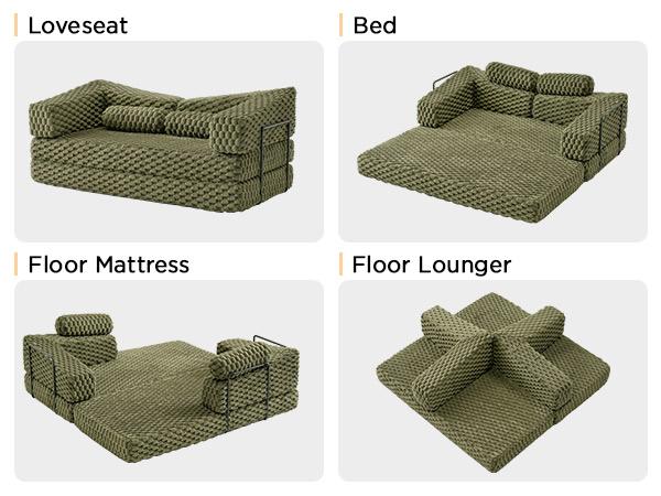 【Ships in 2 Boxes】 AMERLIFE Foldable Sofa Bed, Convertible Floor Sofa with Plush Faux Fur, No Assembly Mattress Couch for Living Room, Apartment, Bedroom