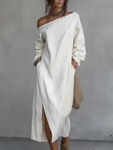 Women's European and American style loose-fitting mixed linen one-shoulder dress with slit hem, cotton-linen mid-length dress