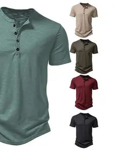 Menswear Short-Sleeve Henley Tshirt - Casual V-Neck Top with Partial Button Placket, Loose-Fit Multi-Color Basic Style for Daily Wear, Commuting