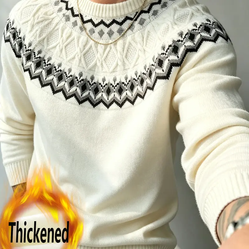 Men's retro style island pattern ribbed round-neck long-sleeved loose knitted pullover sweater - classic casual style with strong layering effect, easily modern urban outfits