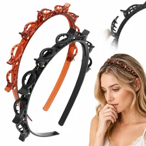 2 Pcs Headband Each with 8 Clips, 90s Butterfly Hair Clips Headband for Women with Teeth, Braided Weave Bangs Clip Non-Slip Hair Bands Accessories for DIY styling Decoration- Black, Brown
