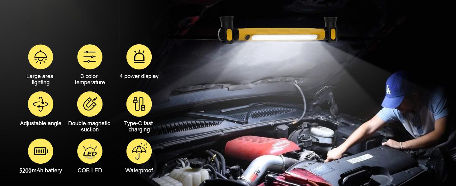Magnetic LED Work Light Bar, 5200mAh /3000LM Rechargeable Inspection Lamp - 3 Color Modes 360° Adjustable USB Output IP55 Waterproof, Car Repairing Inspection Garage Workshop Emergency-Yellow