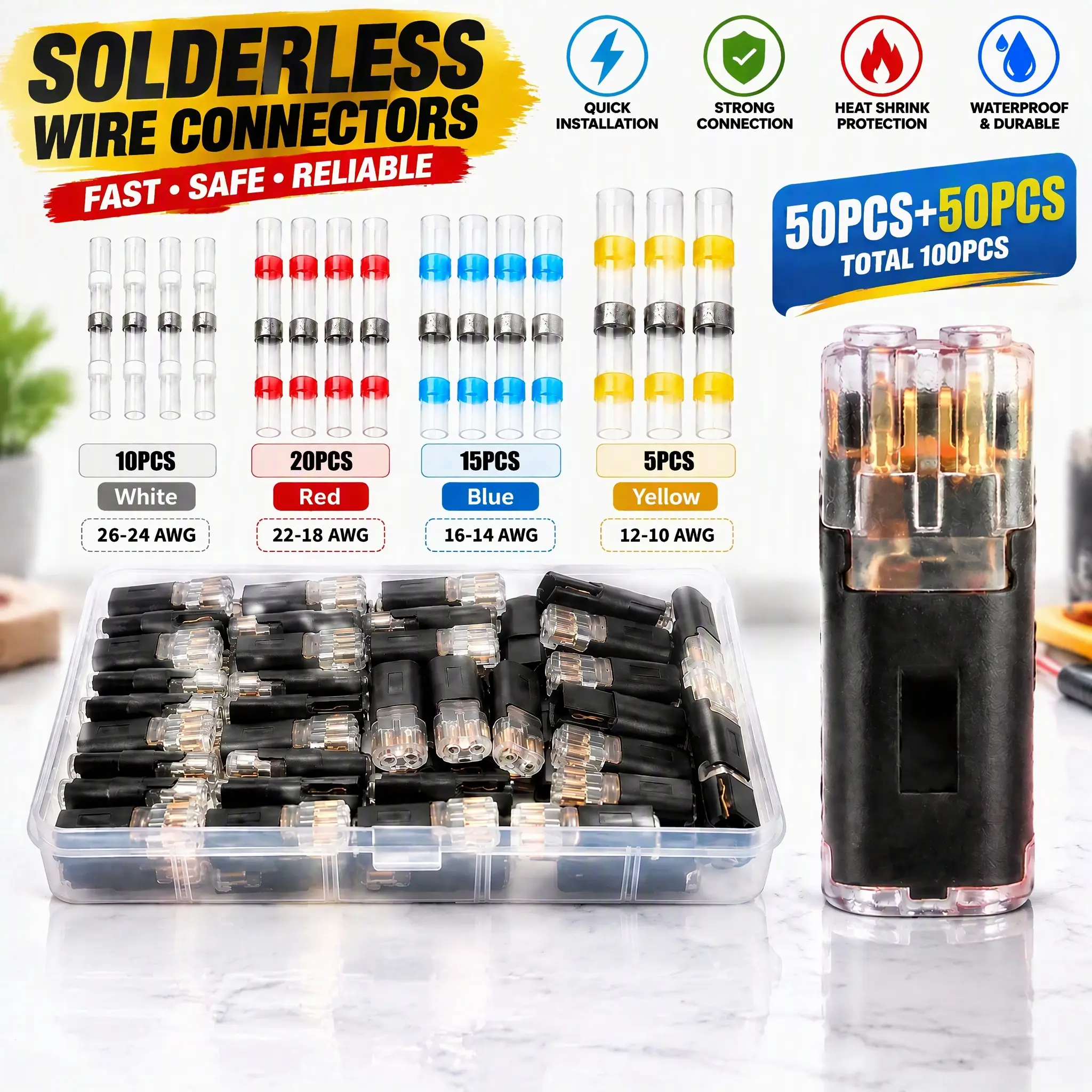100PCS PA66 Nylon Heat Shrink Wire Connectors Kit, Waterproof Solder Seal Butt Splice Terminal Plugs, Quick Splice 26-10 AWG for Car Auto Electrical Repair, Marine Boat