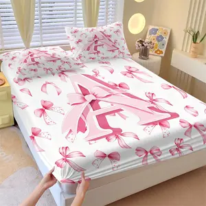3Pcs Coquette Pink Bow Initial A Fitted Sheet Set No Fillers, Pink Ribbon Bow Bed Sheet Set, Girly Aesthetic Bedding Set with Pillowcases, Deep Pocket Soft Microfiber Bedding for Teen Girls Bedroom Dorm, Perfect Birthday Gift