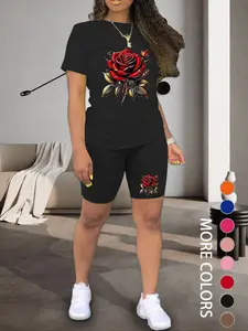 Summer New Women's Short Sleeve and Shorts Set, Casual Floral Print Sports, Comfortable and Versatile Activewear for All Seasons, Workout Sets, Sportswear Set