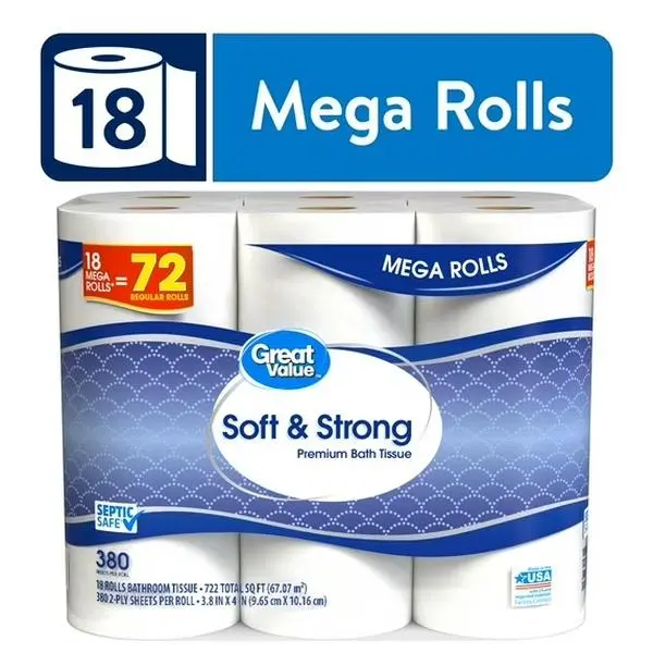 Soft & Strong 2-Ply Toilet Paper, 18 Mega Rolls, 380 Sheets per Roll, Unscented Bathroom Tissue