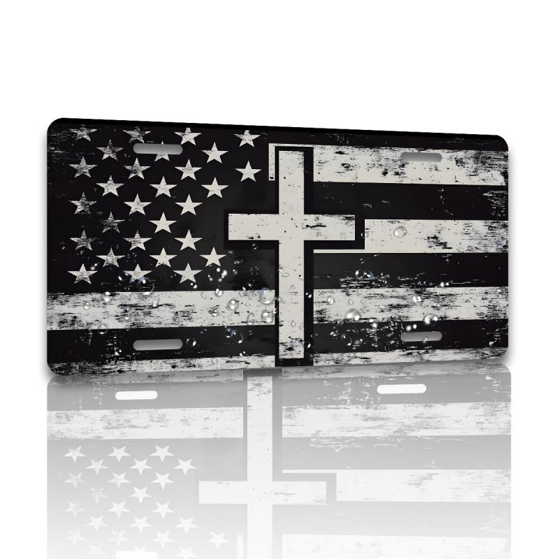 1PC 2D Flat Black and White Cross License Plate Cover and Frame with American Flag Floral Decoration Suitable for Any Standard Front License Plate Cover and Frame Iron Rust-Resistant Decoration 12inch x 6inch