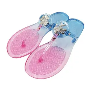Gradient Jelly Thong Sandals for Women, Pink-Blue Transparent Flip Flops with Gold Logo, Summer Beach Footwear