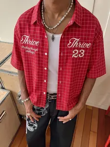 Men's Red Plaid "Thrive 23" Printed Short Sleeve Shirt, Y2K Streetwear Vintage American Style Plaid Button-Down Shirt, Summer Casual Breathable Plaid Printed Oversized Shirt, For Street Style, Casual, Campus, Men's Retro Streetwear #springsaledeals2026 #s