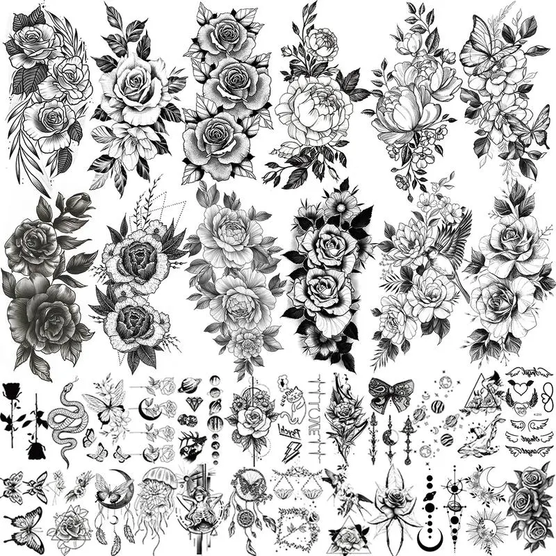 36 Sheets Long Lasting Flower Temporary Fake Tattoos For Women Arm Neck, Jellyfish Sunflower Moon Rose For Adults Girl, 3D Temp Realistic Snake Tatoo Stickers Serpent Peony Floral Kids