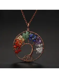 Hand-woven thread wrapped Tree of Life Chakra Circle Necklace, natural gemstone and crystal pendant, Spiritual Pendant, Round Circle Pendant, vintage red copper material