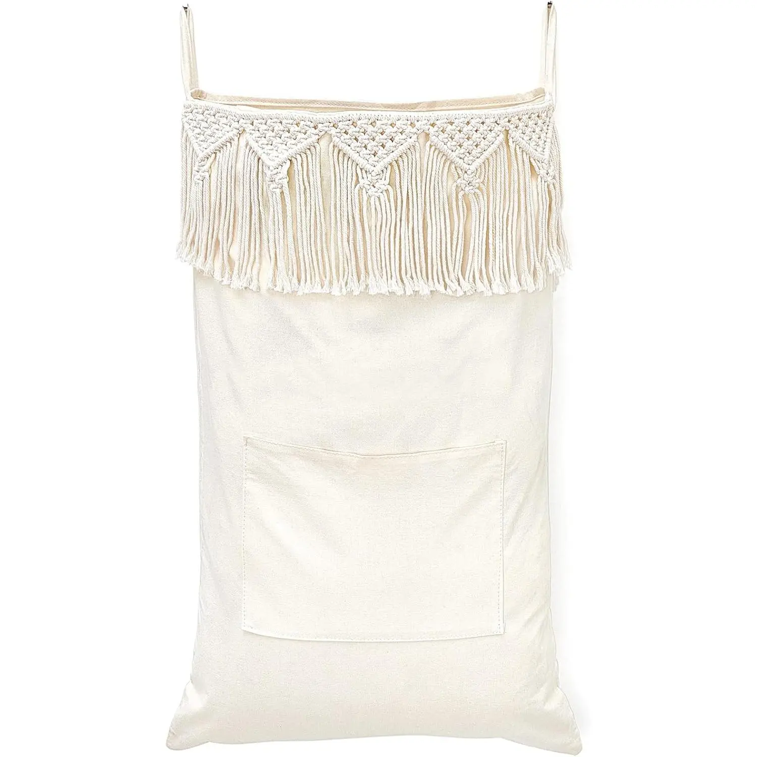Macrame Hanging Laundry Hamper with Over The Door Hooks Saving Space Laundry Bag with Zipper and Wide Open Top Boho Decor Hanging Dorm Dirty Clothes Basket, for Bathroom Dorm Home Travel