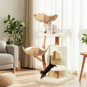 52" Modern Wooden Cat Tree Tower, Indoor Cat Condo with Scratching Posts & Beds, White