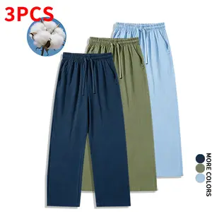 Three-pack men’s cotton-linen wide-leg pants with elastic drawstring waist; loose casual pants that are lightweight and breathable for home wear; suitable for outings, the beach, shopping, and everyday streetwear. fathersdaygift