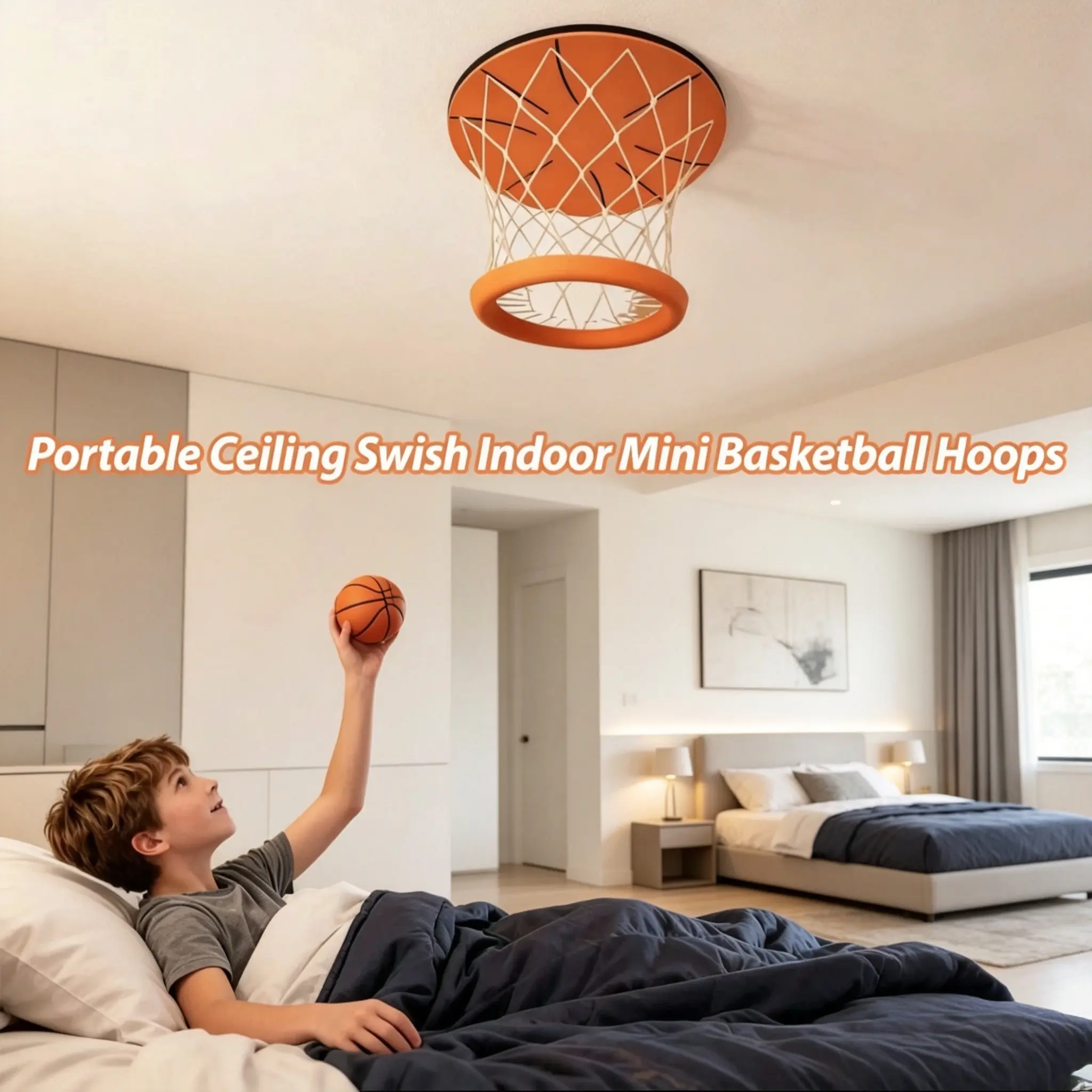 Mini Basketball Hoop - Indoor Ceiling-Mount, No Drilling Needed, Portable Safe Material Sports Toy for 4-6 Years Olds, Adults, Bedrooms, Dorms with Muscle Boost Function