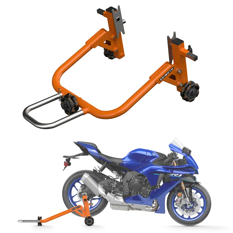 Heavy-Duty Solid Carbon Steel Motorcycle Rear Paddock Stand, Matte Black Powder-Coated Frame with Orange & Black 360° Swivel Caster Wheels, Adjustable Sport Bike Rear Wheel Lift Jack for Repair Maintenance Storage