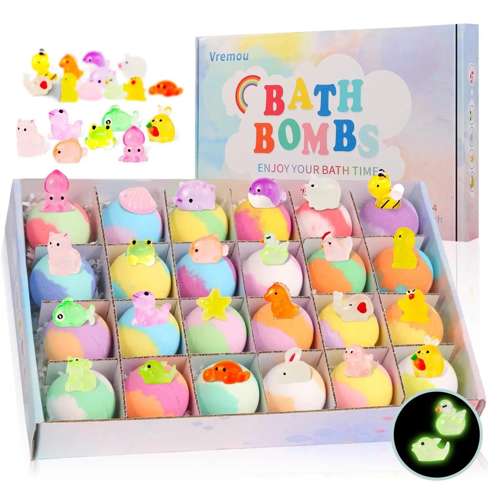 24pcs Kids Bath Bombs with Surprise Inside, Gift Set with 24 Unique Animal Toys, Fun Educational Child-Safe Bath Bombs, Bath Ball Set, Great Birthday & Christmas Gift, Body Care Products