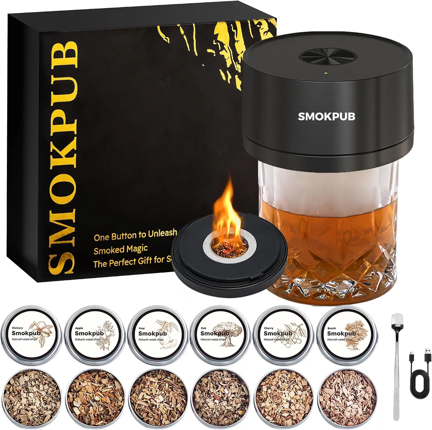 Electric Whiskey Smoker Kit, Rechargeable Cocktail Smoker with 6 Wood Chips, Flameless Heating System, Old Fashioned Drink Smoker Kit, Bourbon Whiskey Gifts for Men,Dad,Husband
