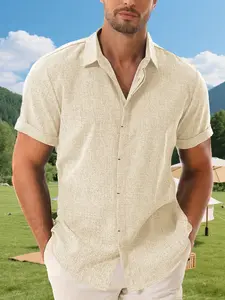 Men's Summer Fashion Party Invisible Button Shirt, beige Casual Short Sleeve Top, Loose Outdoor Style coat for Weddings, Travel, Camping