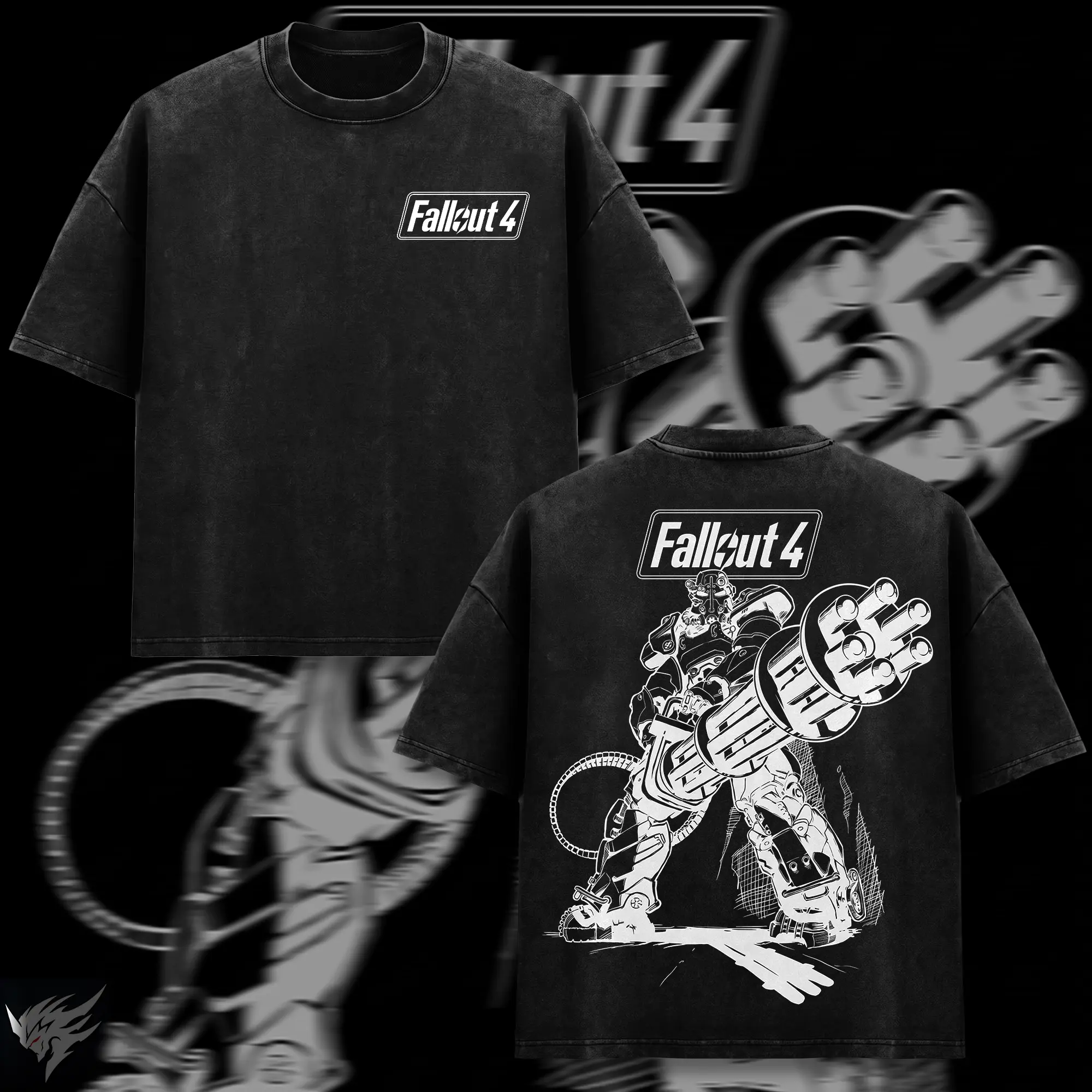 [COLLECTION] Fallout Game T-Shirt, Vault Boy Power Armor Dweller Graphic Tee, Nuclear Post Apocalyptic Back Print, Vintage Black Wash Heavyweight Cotton, Oversized Drop Shoulder Streetwear, Sci-Fi Gaming Fan Apparel