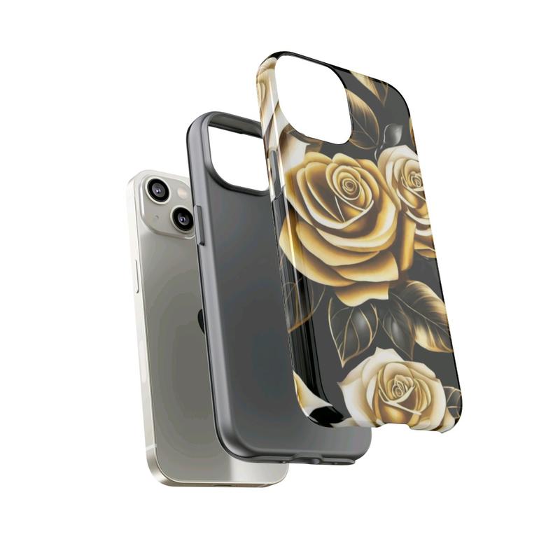 Elegant Black and Gold Roses Phone Case - Stylish Protection for Samsung Galaxy, iPhone, Google Pixel phones, Cellphone Accessories, Wireless Cover, Handheld Protective, iPhone Case, Samsung Galaxy Case, Google Pixel Case Shell Golden Shockproof Casing