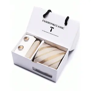 AlanKing 1 Set Gold Striped Tie, Pocket Square, Cufflinks For Men Business Office Party Holiday Classic