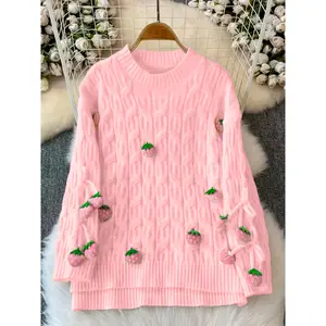 Plus Size, JNQUALYTRIX 's Pink Strawberry Bow Sweater - Soft Pink Winter Pullover Sweater with Strawberry & Leaf Bows, Round Neck Long Sleeve Casual Sweating Sweater for Fall/Winter, Cozy -like Layering Top (No-Sew Bows)
