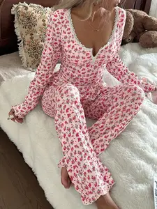 CottageSlumber Cottage Slumber Lace Trim Square Neck 2-Button Romantic Ditsy Floral Long Sleeve Top & Pants Pajama Set Pink Floral Pajamas Floral Pajama Set Comfy Pajama Set Matching Lounge Set, Fall Winter Clothes
