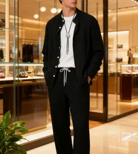 Men's New Casual Black Set for Spring and Autumn with Texture Pants with Drawstring Simple and Stylish Four-Way Stretch Comfortable Fabric