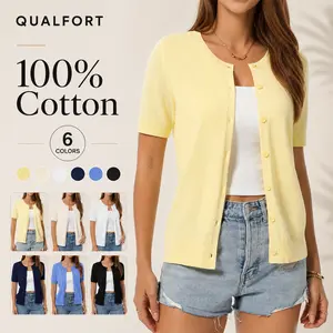 QUALFORT Women’s 100% Cotton Cropped Cardigan Sweater 2026 Short Sleeve Button Down Shrug Lightweight Knit Top Business Casual Summer Outfits