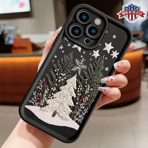 Embroidered Winter Pine Tree Phone Case for iPhone 11 12 13 14 15 16 17 Pro Max Plus Air, Minimalist Christmas Snowflake Design, Slim Shockproof Protective Cover, Anti-Scratch Matte Finish, Made in USA
