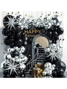 Black and Silver Latex Balloon Garland Arch Kit with Silver Confetti Aluminum Foil Balloons for Birthday Party Decorations, Proms, Graduations, New Year, Weddings