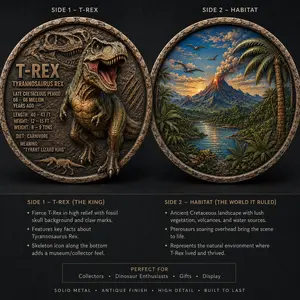 Tyrannosaurus Rex Collector Coin, Double-Sided Color Dinosaur Challenge Coin, T-Rex & Habitat Artwork, Prehistoric Gift