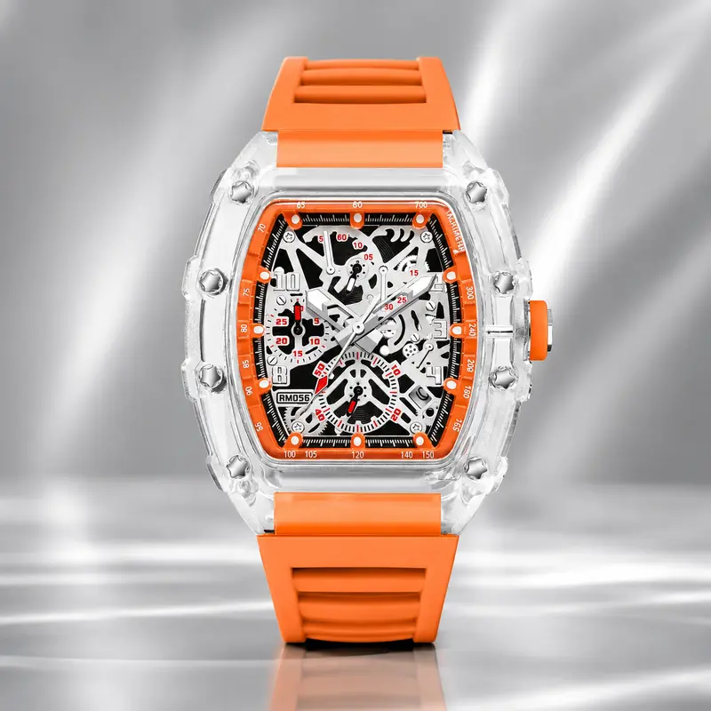 Men's Skeleton Quartz Watch - Barrel-Shaped Transparent Dial, Silicone Strap with Clasp, 50M Waterproof Wristwatch for Casual Sport Daily Use, Hipster Edge Look Gift Accessory