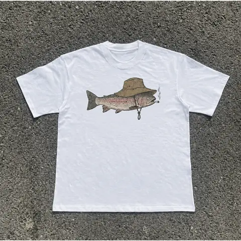Men's Vintage Cotton Round Neck Short Sleeve Graphic Tshirt - Funny Smoking Trout Print, Customized Casual Streetwear Top, Menswear Mens Clothing, All Seasons Gift, Do Not Bleach