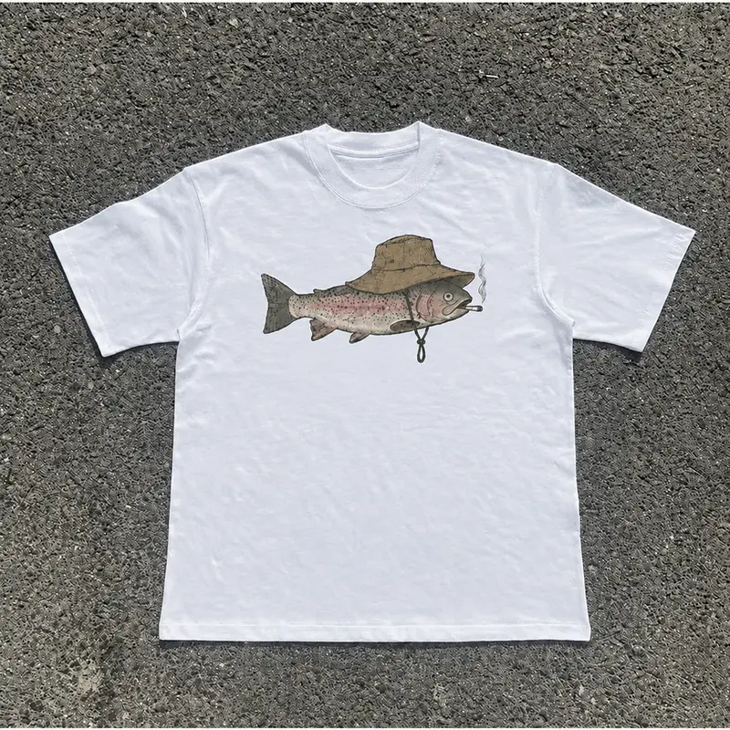 Men's Vintage Cotton Round Neck Short Sleeve Graphic Tshirt - Funny Smoking Trout Print, Customized Casual Streetwear Top, Menswear Mens Clothing, All Seasons Gift, Do Not Bleach
