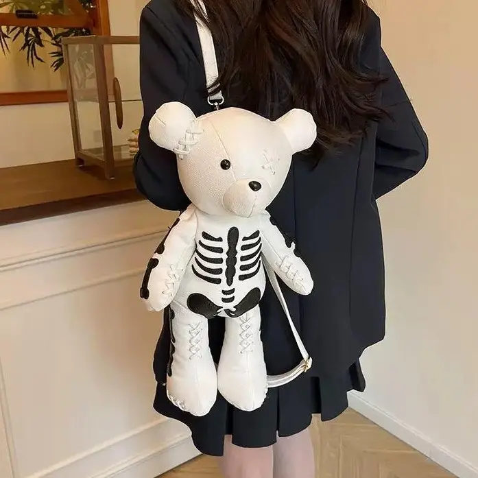 Skeleton Bear Crossbody Backpack – Cute Gothic Plush Bear Bag, Adjustable Strap, Unique Novelty Shoulder Bag for Women & Teens