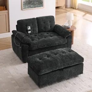 Niccae Leisure sofa chair,Double sofa recliner, with manually adjustable backrest, soft padded armrests, side USB charging port and phone stand, comes with a matching storage ottoman-Black