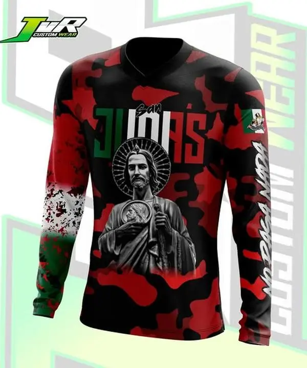 St. Jude Off-Road Racing Shirt, Mexican Flag Camo Long Sleeve Race Suit, St. Jude Print, Street Rider Faith Style, All Seasons, Sports Tops