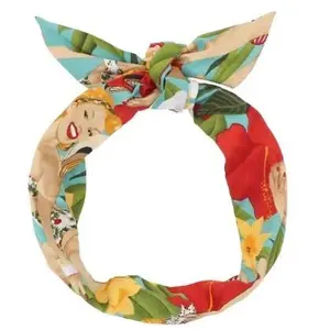 JuneStudioDesign Extra Long Wide Wired Cotton Pattern Headband|Tie Knot|Twisted|Fabric|Dolly Bow|Turban|Hair Bun|Ponytail Scarf|Braid Scarf|Hair Wrap|Vintage|Art Retro|Blue Summer Girls