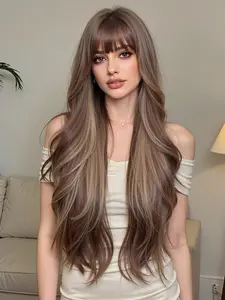 Super Long 34 Inch Synthetic Wig, Long Wave Hair with Bangs, Chocolate, Jellyfish Head Design, Natural Look Daily Wig, Christmas, Synthetic Machine Wigs, Synthetic Material Wigs, Deep Wavy Wigs