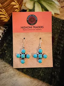 Handcrafted Sterling Silver & Turquoise Cluster Cross Dangle Earrings