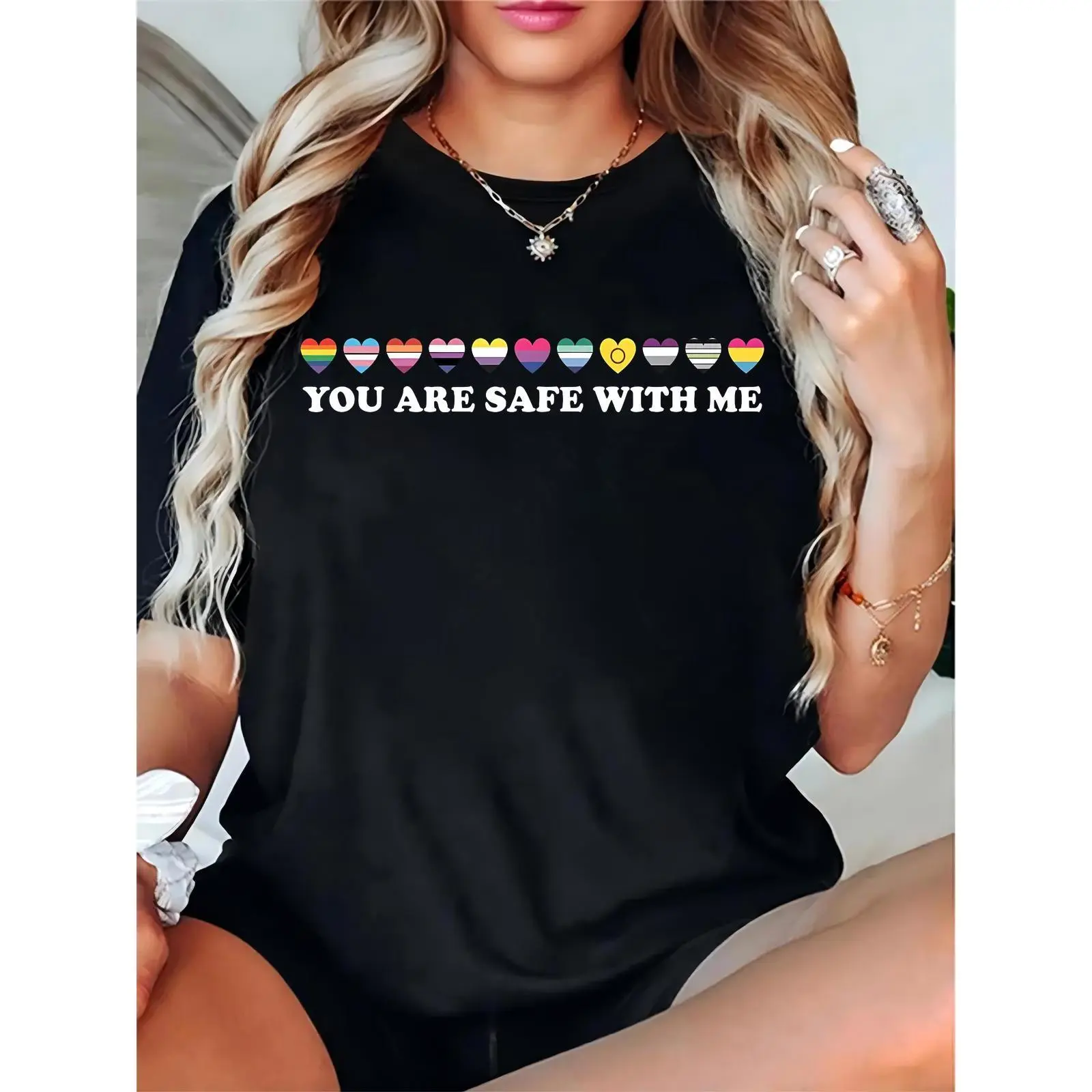 Women’s Black T-Shirt with LGBTQ+ Pride Heart Flags & 'You Are Safe With Me' Slogan – Casual Supportive Top for Pride Month, Parades, Daily Wear, Prints, Basic, Comfortable, Shortsleeve, Fit, Round Neck, Feminine, Elegant, Essential, Ladies, Cotton, Simpl